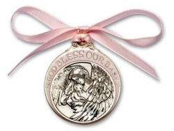 Pink Crib Medal with Angel holding Baby - Pewter with Ribbon - Personalize