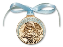 Blue Crib Medal with Angel holding Baby - Gold with Ribbon - Personalize