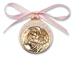 Pink Crib Medal with Angel holding Baby - Gold with Ribbon - Personalize